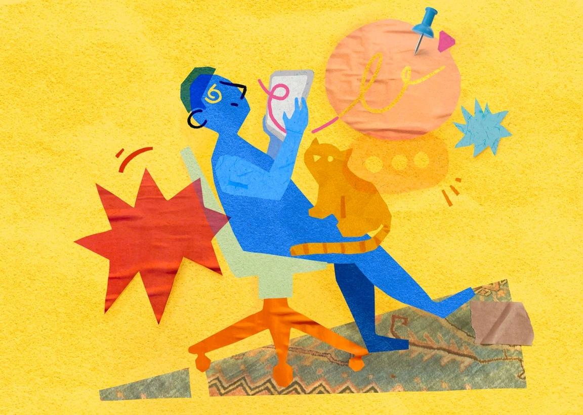 An illustration of a  person with their cat on their lap, making a checklist to learn how to stop procrastinating