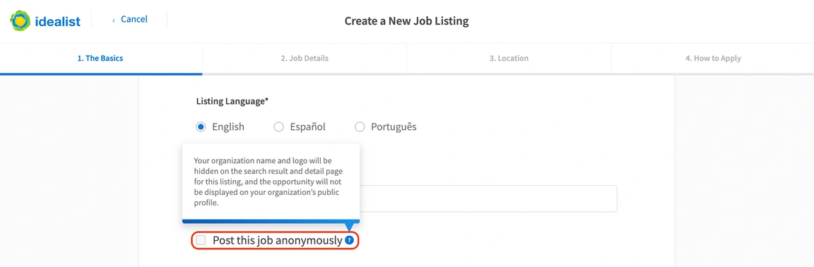 Screenshot of the Idealist website displaying "Post this job anonymously"