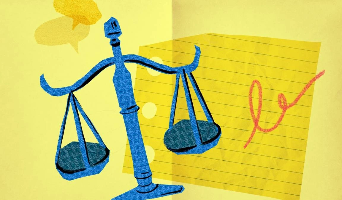 Illustration of the scales of justice, a loose leaf paper, and word bubbles | What Can You Do With a Law Degree? 6 Social-Impact Jobs for You