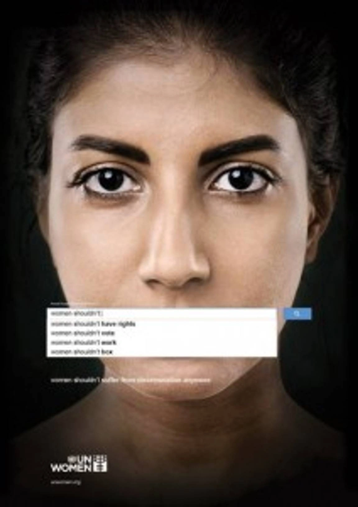 Poster of a woman with a google search bar over her mouth.