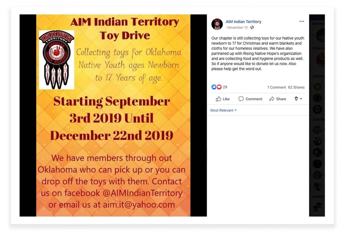 American Indian Movement Indian Territory Toy Drive Announcement.