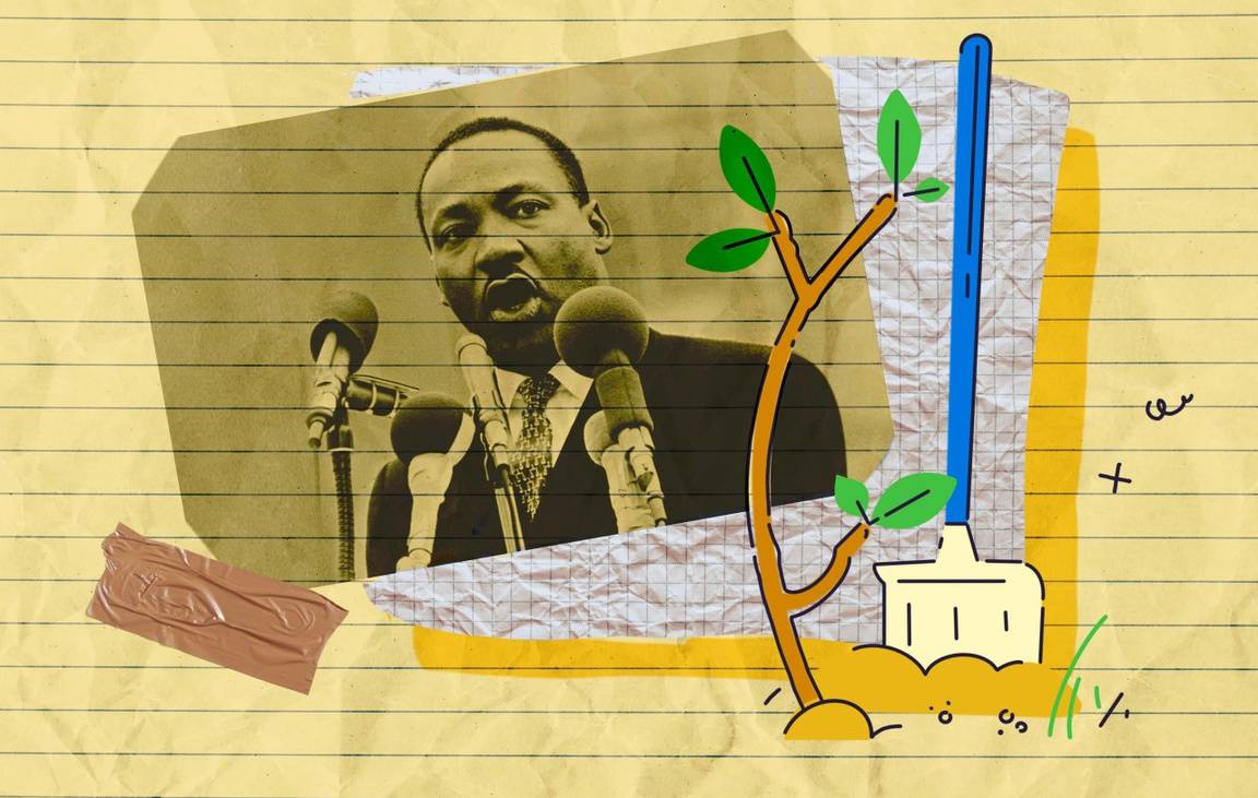 A black and white photo of Martin Luther King Jr. attached to yellow notebook paper with tape, surrounded by an illustration of a growing tree sprouting from the ground.