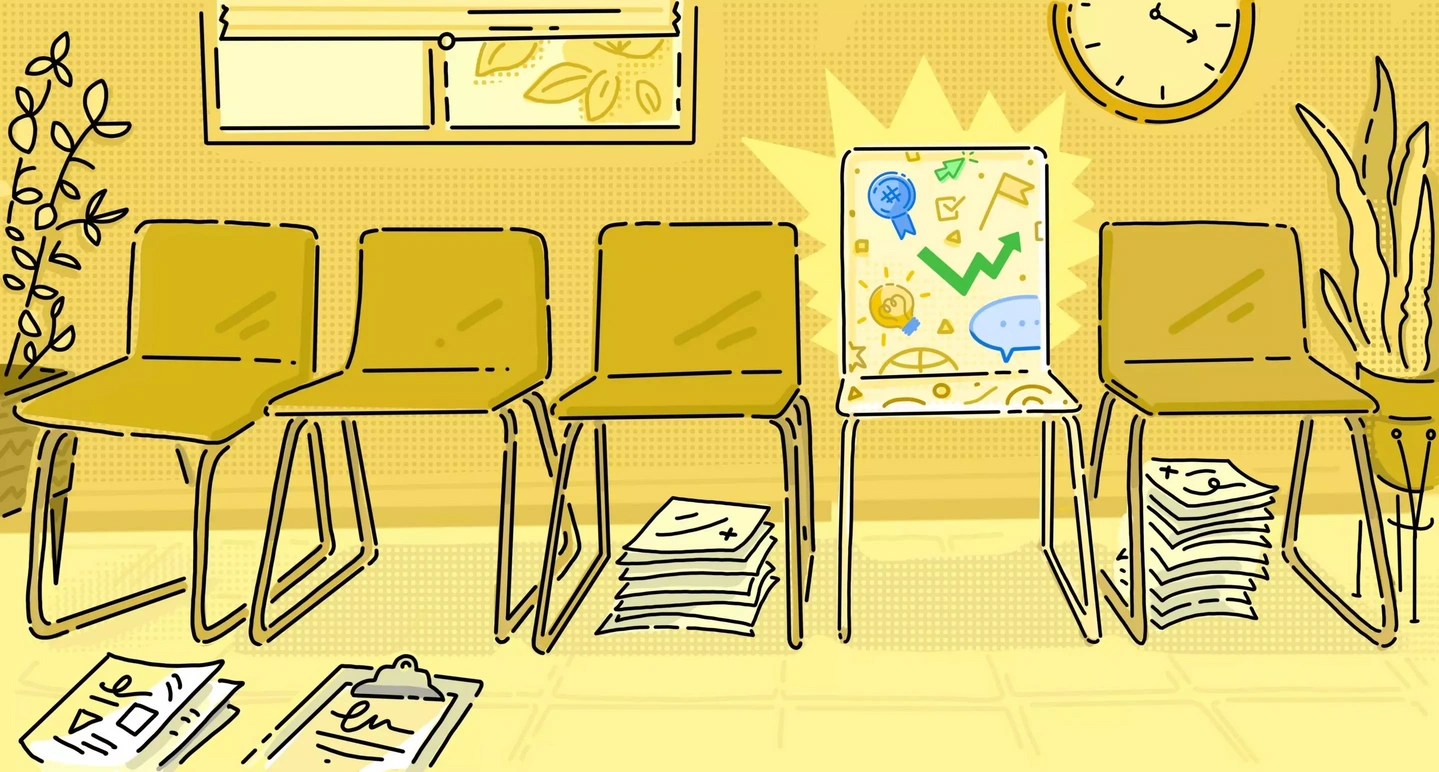 An illustration of a waiting room and chairs.