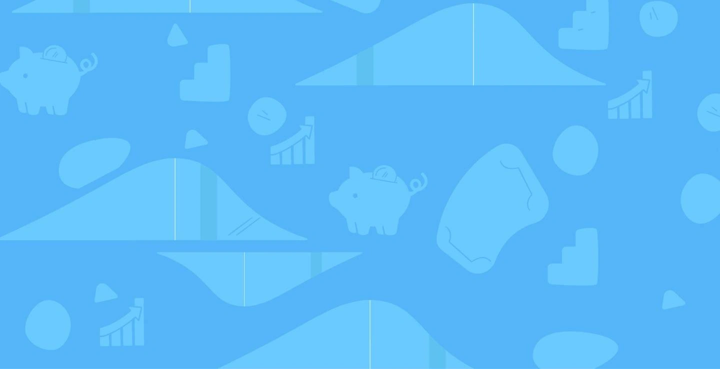 A blue illustration with piggy banks, graph curves, change, stairs, and bar graphs