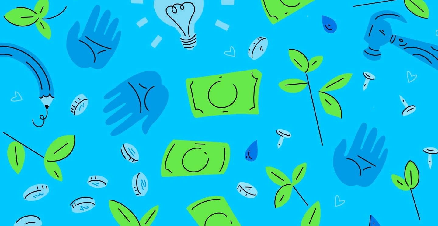 A blue cartoon graphic with various illustrations.