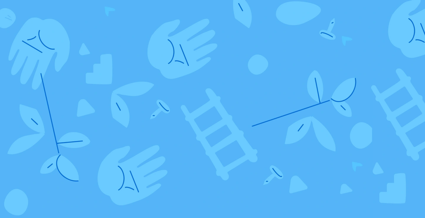 A blue illustration with small images of open hands, ladders, and plants