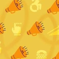 Illustration of several graphics depicting people with disabilities on a yellow background, including a person in a wheelchair, a hand reading Braille, and megaphone to speak up for disability rights.