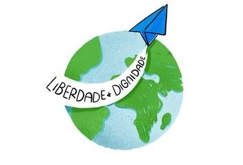 Uma ilustração do planeta terra com um avião de papel voando com uma mensagem: Liberdade e Dignidade