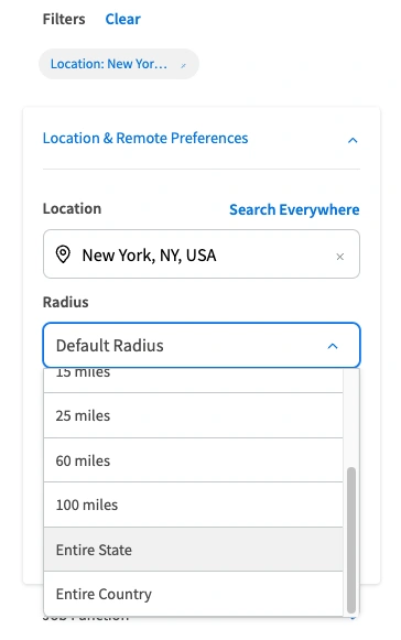A screenshot of the Idealist website showing Radius search filter.