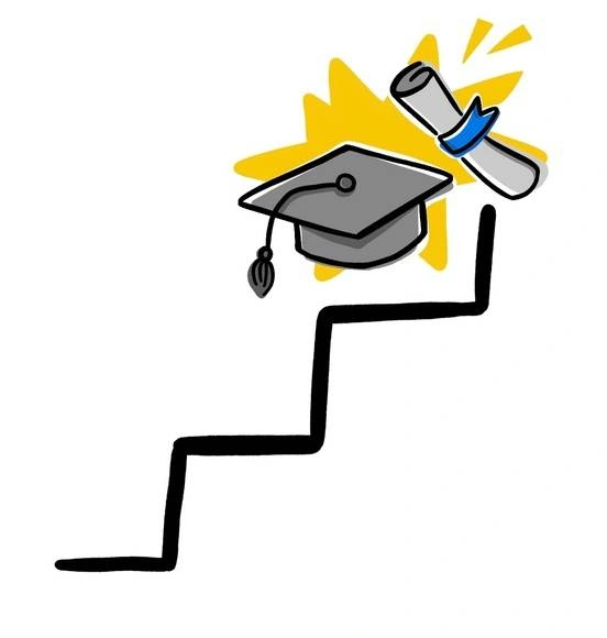 A cartoon of stairs. At the top is a grad cap and diploma.