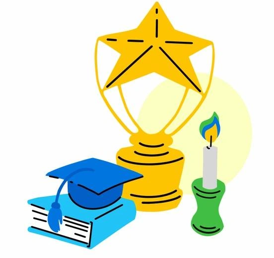 An illustration of a trophy, a candle and a graduation cap.