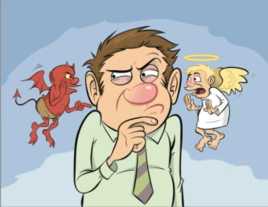 cartoon of man thinking with the little devil on the right and angel on the left shoulder