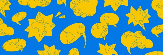 An illustration with a blue background covered in yellow speech bubbles.