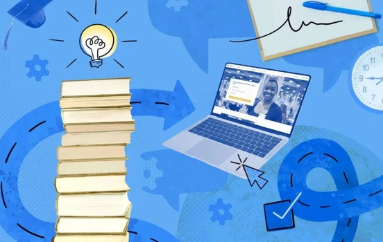 An illustrations of a laptop, a pile of books and a lightbulb.
