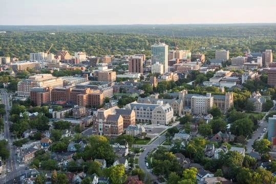 Aerial view of campus featuring Weill Hall, the home of the Ford School