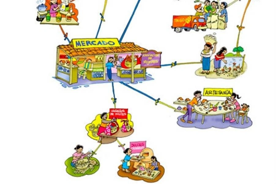 Ilustración que muestra las redes y conexiones sociales en un barrio