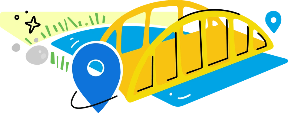 Illustration of a yellow bridge over blue water, with green grass on the side and blue location markers.