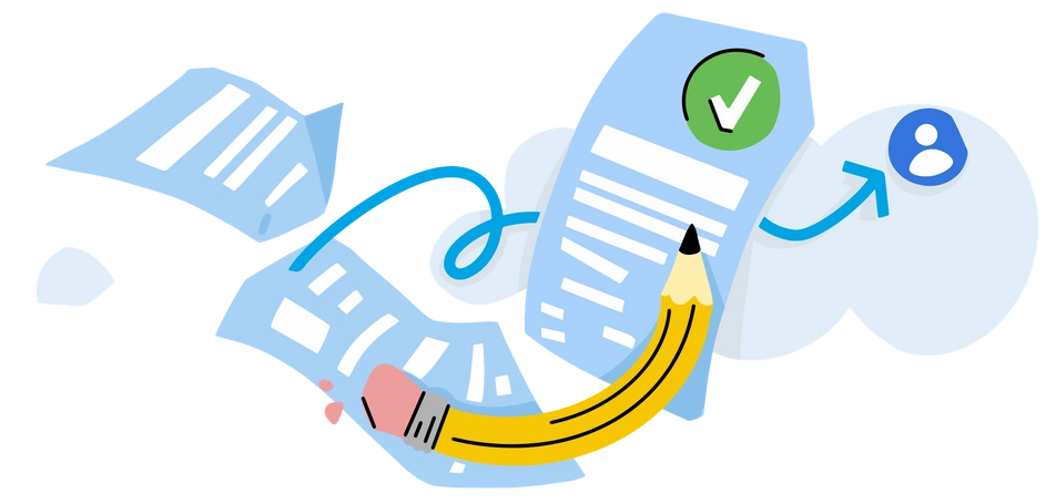 An illustration of a job listing template, with a curved pencil, papers, and a green checkmark.