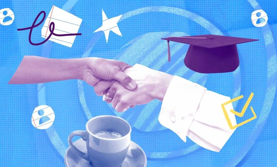 An illustration of two hands shaking and a graduation cap in the background.