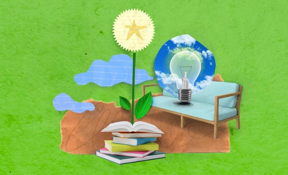 An illustration featuring a blue couch, clouds, a stack of books, and a lightbulb on a light green background.