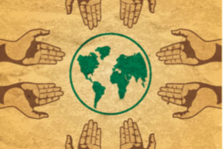 Varias manos dirigiéndose a un mapa del mundo
