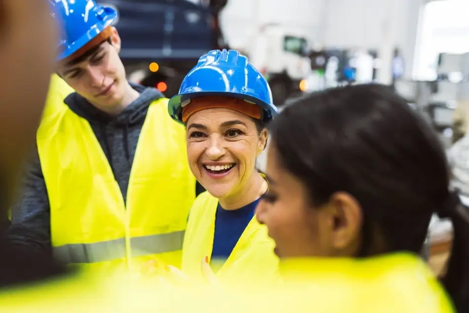 A photograph of a white woman in a yellow vest and a blue construction hat smiling at her co-workers, who are dressed similarly.