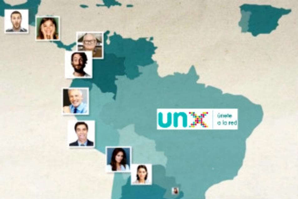 Un mapa de Latinoamérica con fotos de los miembros de la Red unX en cada país