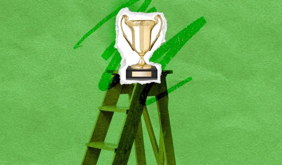 Ilustración de un trofeo sobre una escalera