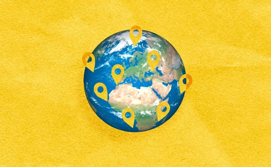Ilustración del planeta con puntos en varios países