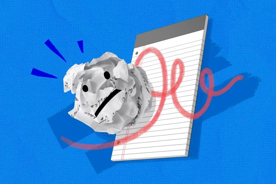 illustration of a notepad and crumpled up piece of paper with a frowning face.