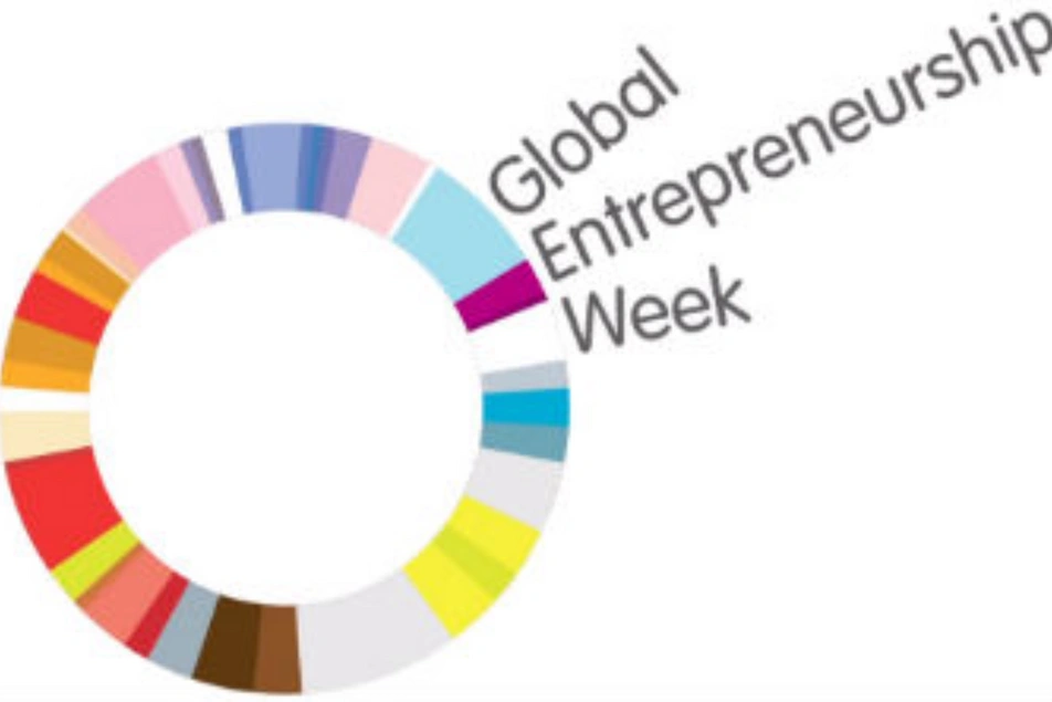 Un círculo con una gama de colores y las palabras Global Entrepreneurship Week. (Semana Global del Emprendimiento)