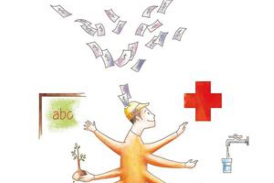 Ilustración de una persona sobre la cual cae dinero mientras trata de ayudar en diferentes frentes