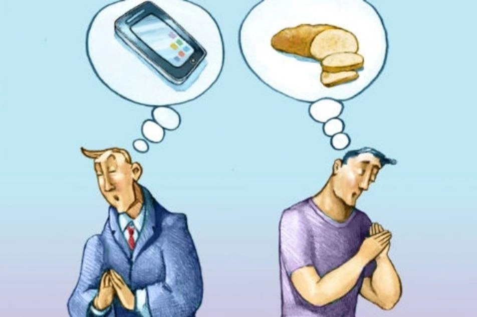 Ilustración de dos hombres rezando, uno pide un celular nuevo y el otro pide comida