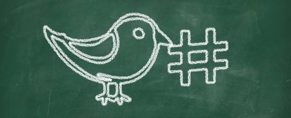 A drawing of the twitter bird and a hashtag on a chalkboard.