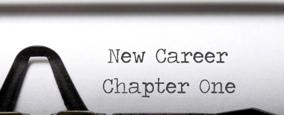 'New Career Chapter One' with a typewriter.