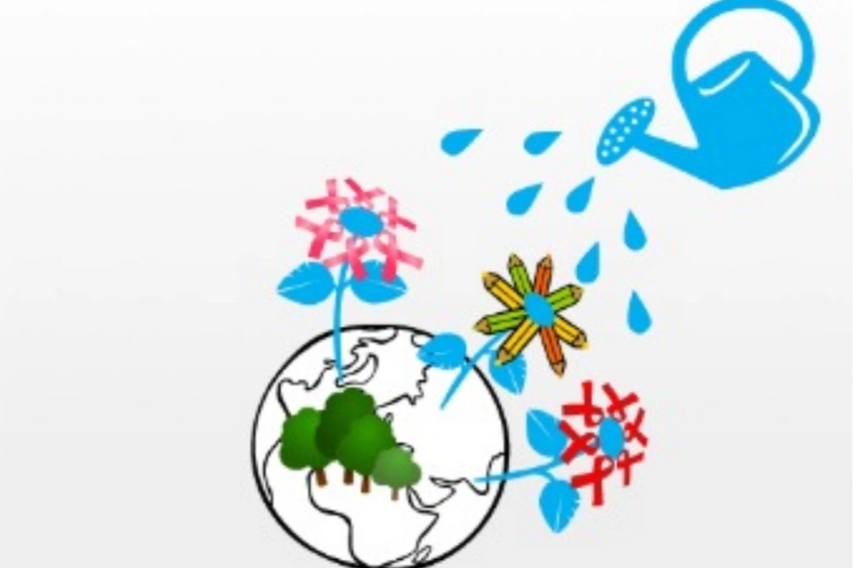 Una ilustración del mundo y unos árboles y flores saliendo de él mientras alguien lo está regando