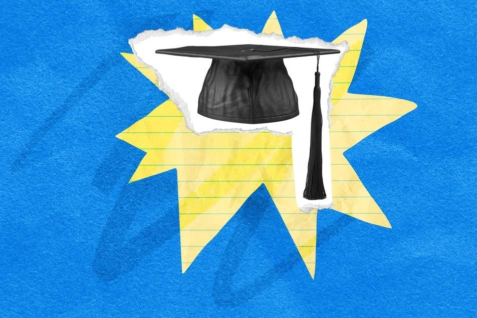 An illustration of a graduation cap and a notepad.