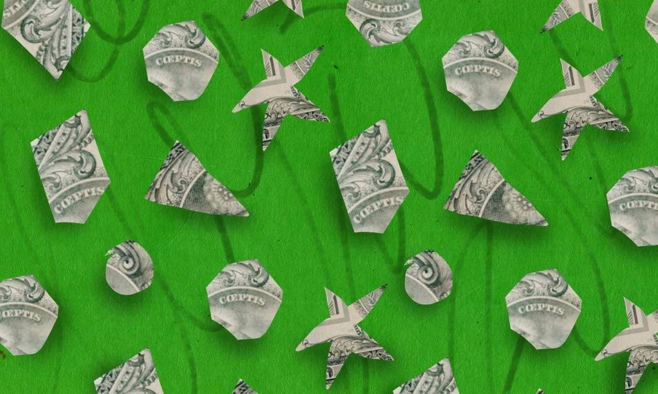 Ilustración de varios billetes recortados en diferentes formas (estrellas, triángulos, etc)