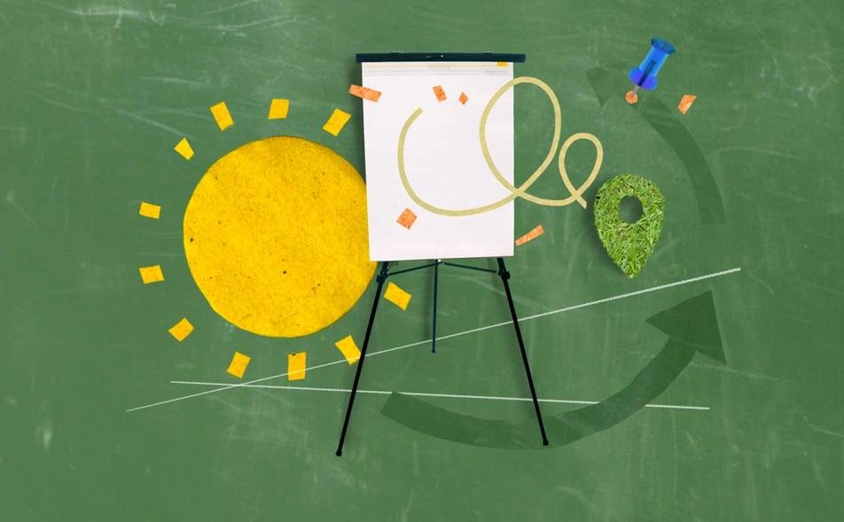 An abstract illustration of a social-impact internship with a drawing board, a sun, and arrows on a dark green background.