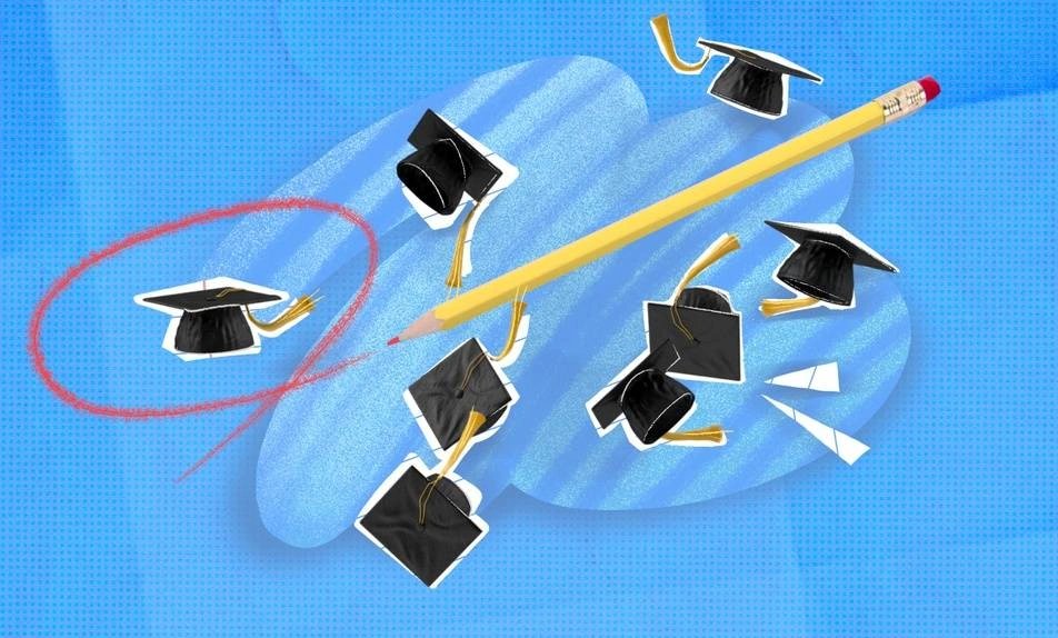 Ilustración de varios birretes de graduados