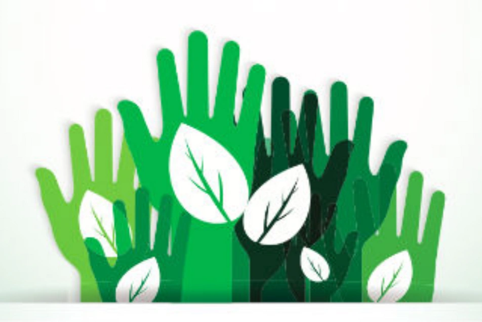 Ilustración de varias manos verdes asemejando a unas ramas y hojas
