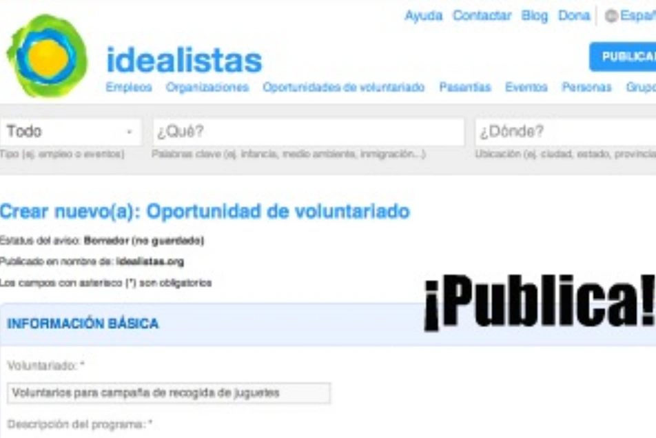 Captura de pantalla de Idealist de cómo publicar oportunidades de voluntariado