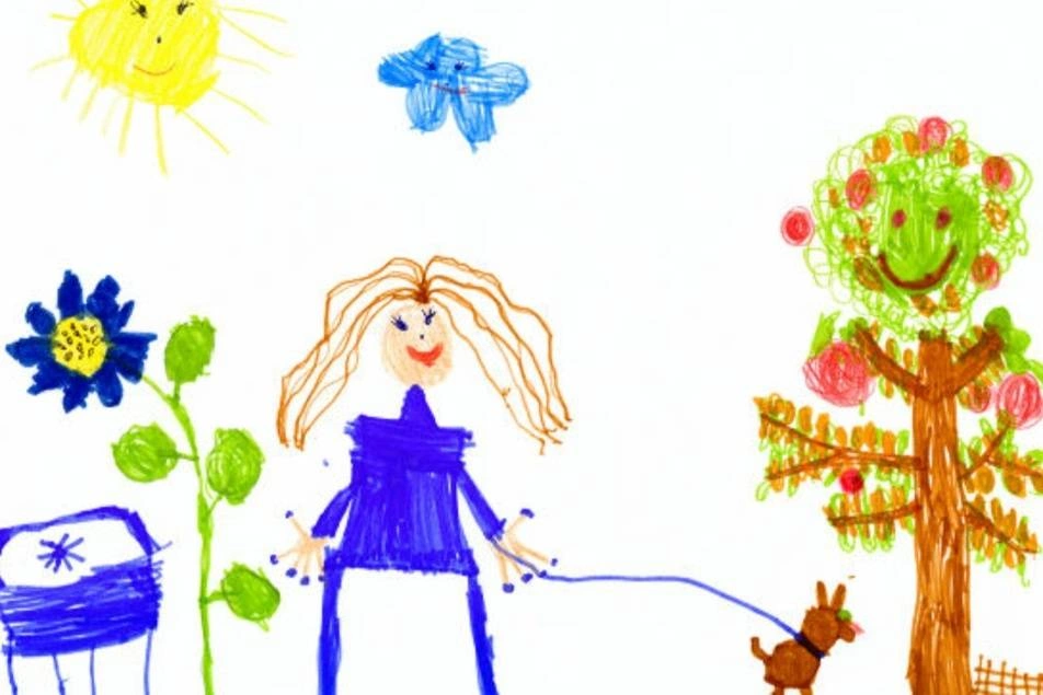 Dibujo infantil de una niña paseando a un perro