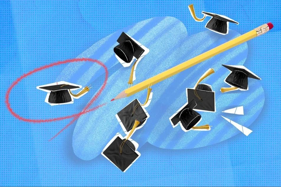 Illustration of graduation caps and a pencil.