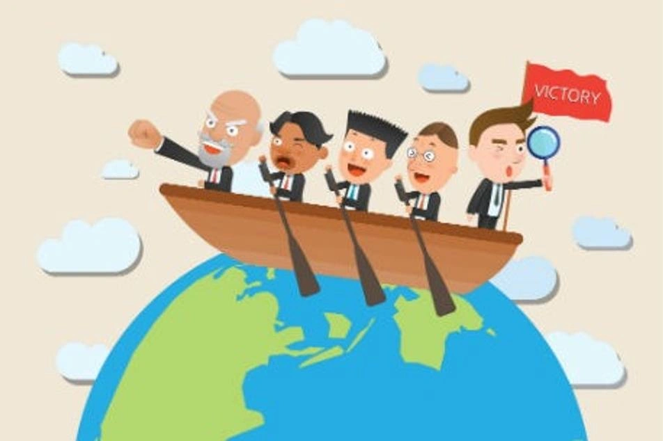 Ilustración de empresarios ricos en un bote navegando el mundo
