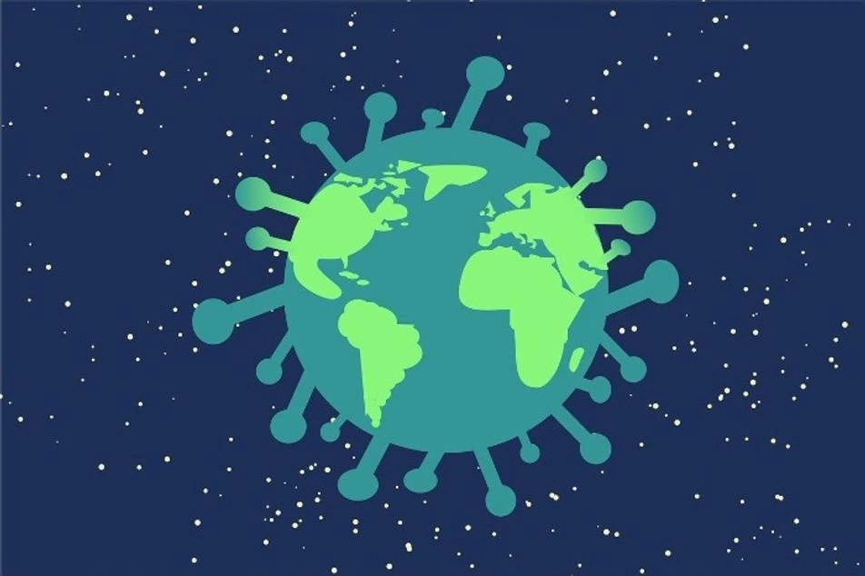 An illustration of planet earth as the coronavirus virion.