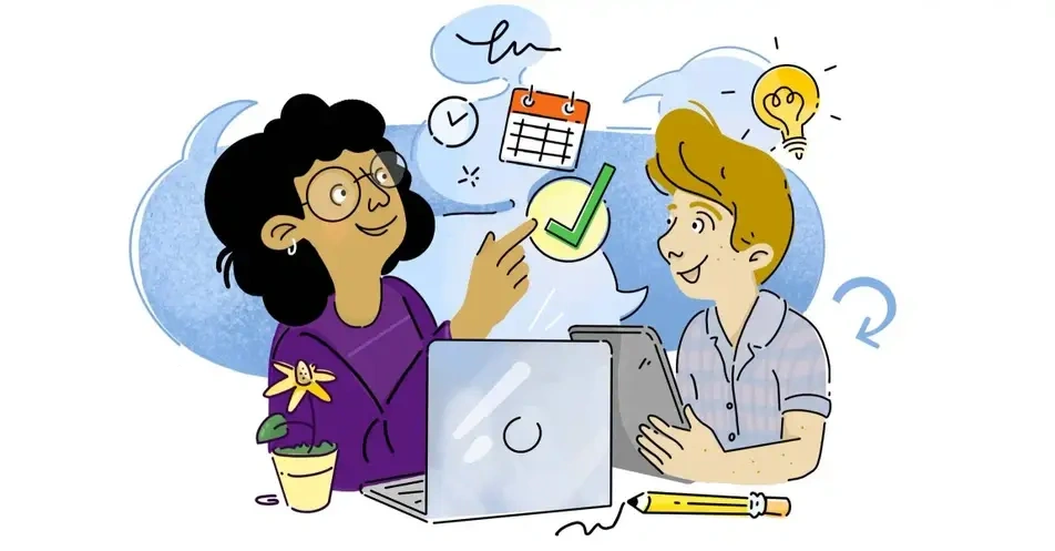 An illustration of an intern and a supervisor meeting with a tablet and laptop, with additional illustrations of a flower pot, pencil, calendar, light bulb, and check mark