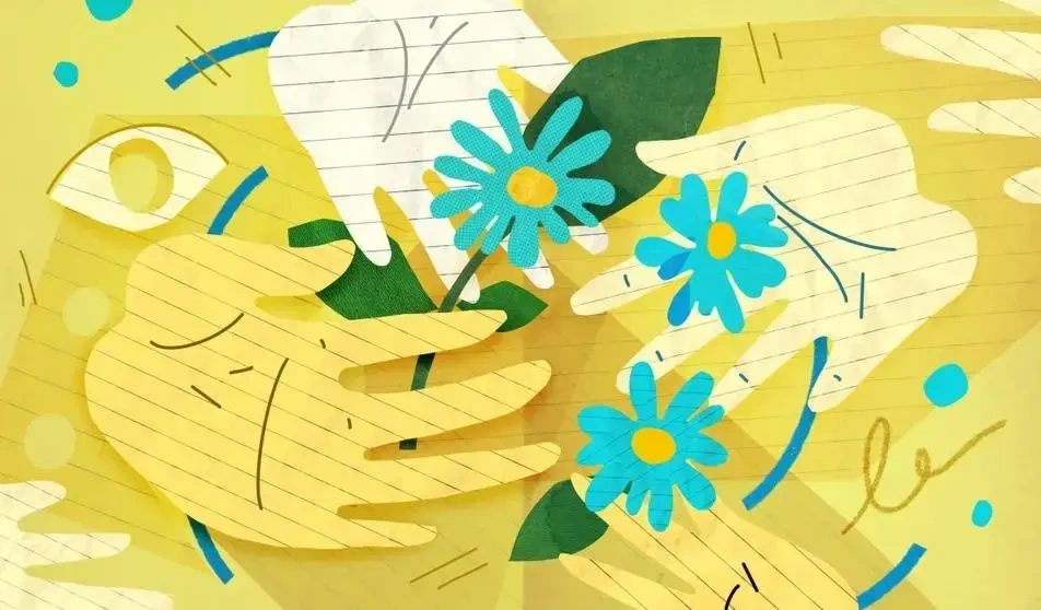 ilustración de manos y flores sobre fondo amarillo