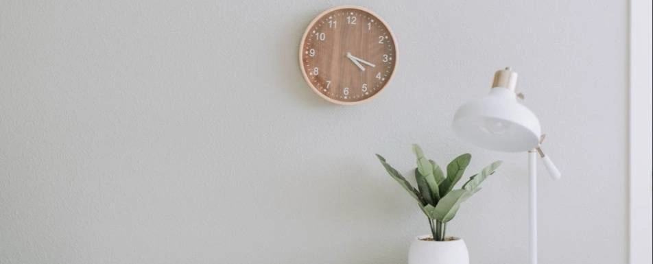 A wall with a clock, plant and lamp.