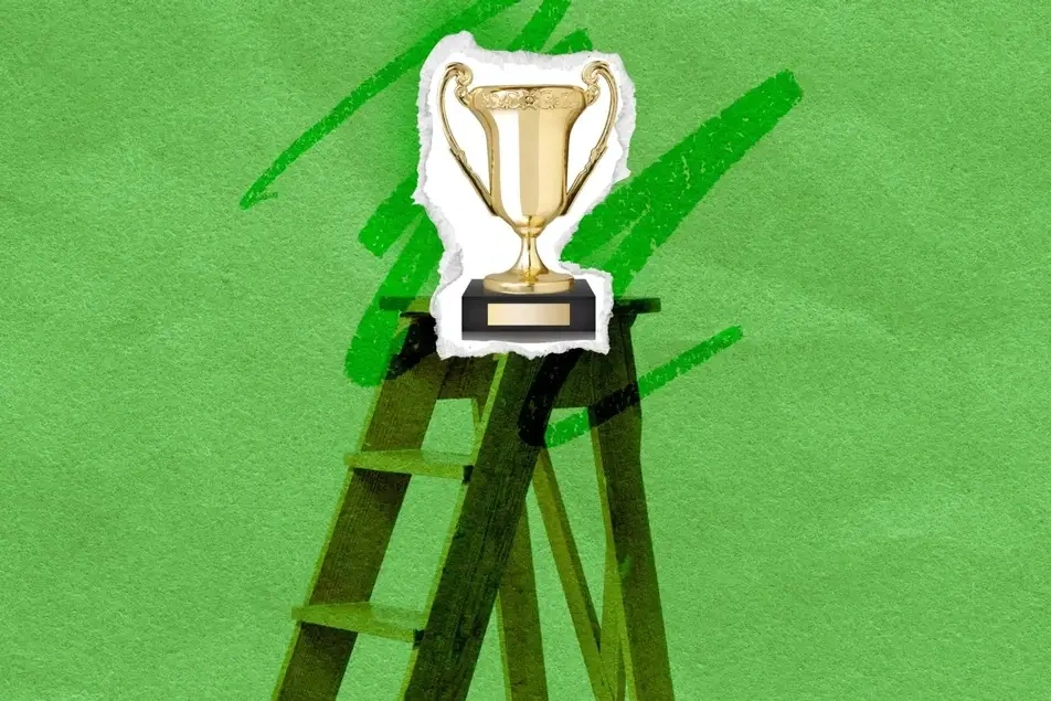 An illustration of a ladder with a trophy at the top.